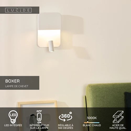 Lucide BOXER - Lampe de chevet / Applique mural - LED - 3000K - Point de rechargement USB - Blanc - USP